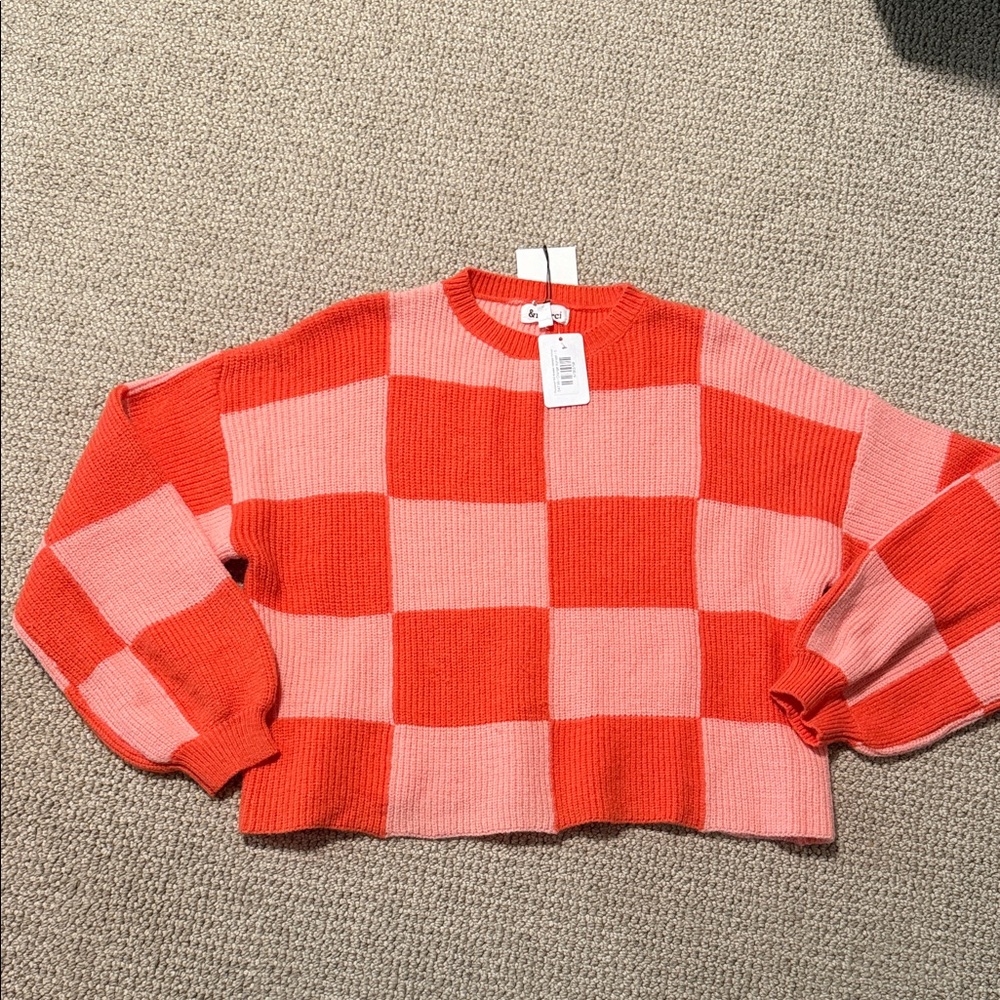 Vibrant Pink and Red Checkered Women's Sweater, boxy fit